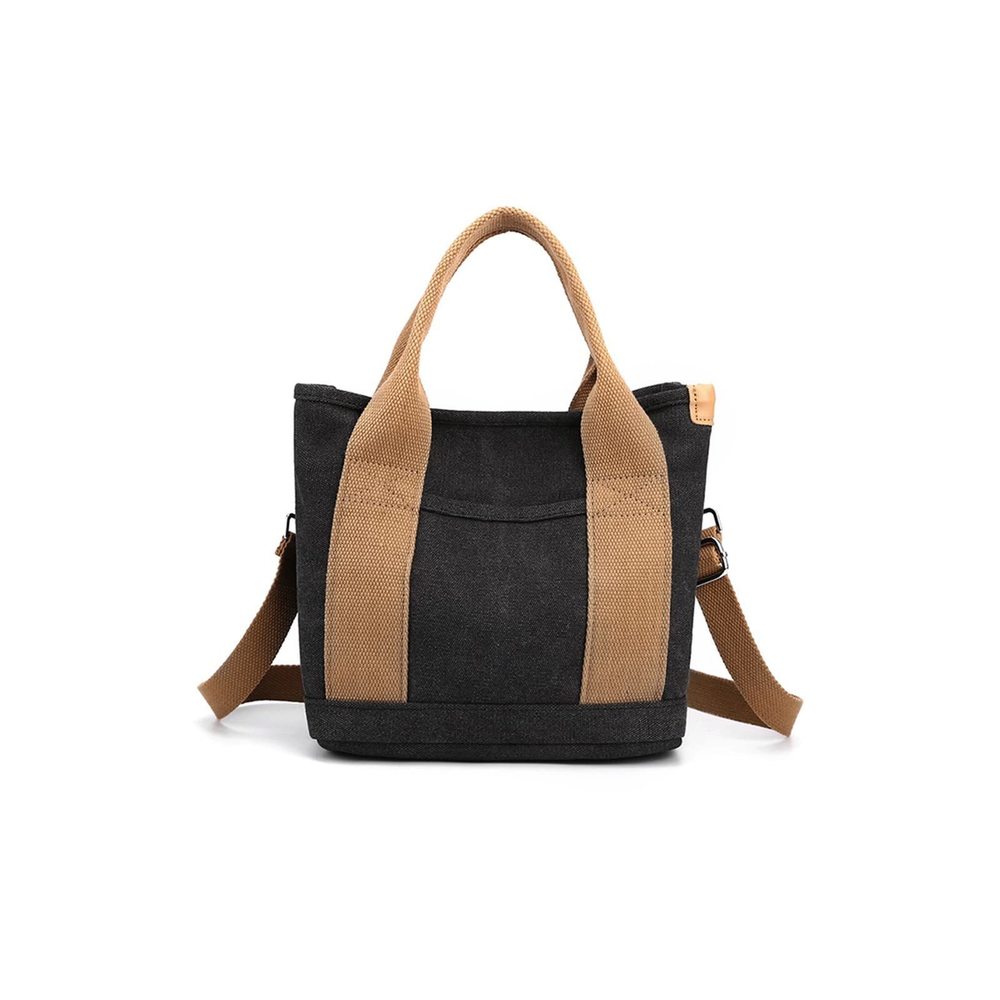 Black Small Canvas Tote Bag With Multi-Pockets, Top Handle & Shoulder xD